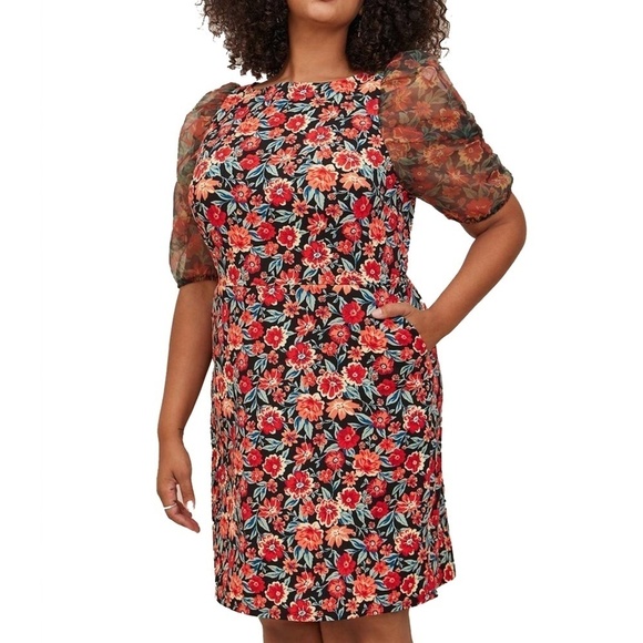 Torrid Cocktail Dress Mini Scuba w/ Pockets Crepe & Organza Puff Sleeve Floral - Picture 3 of 13